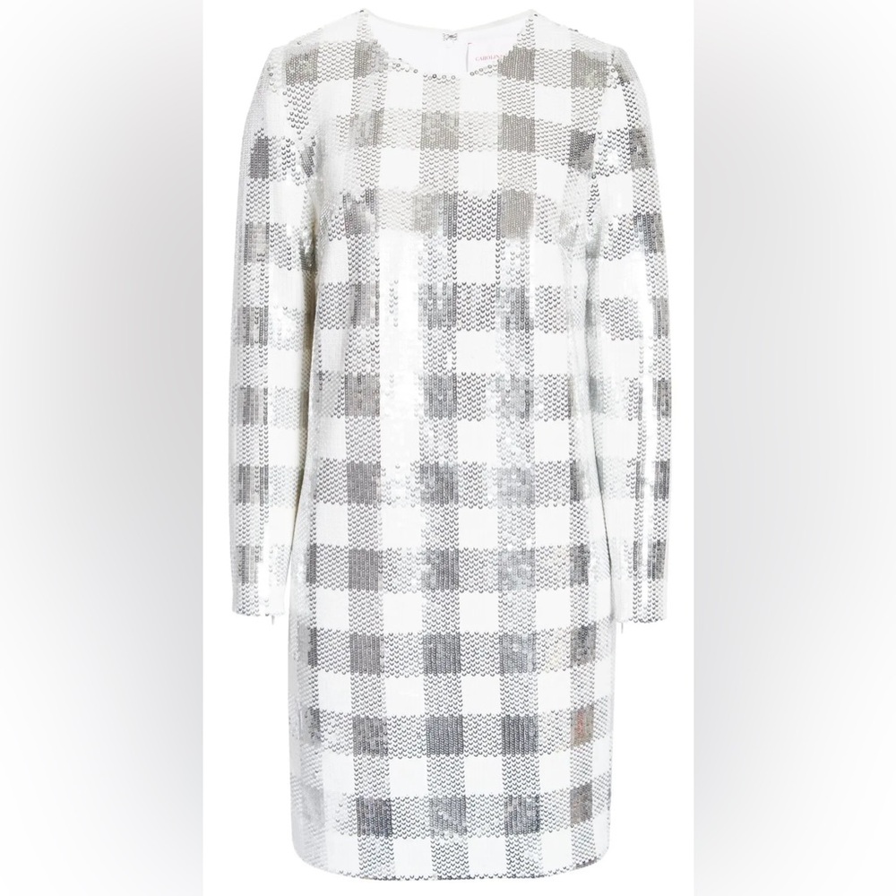 CAROLINA HERRERA Sequin Gingham Check Minidress w Long Sleeves - size 12 - NWT - Picture 2 of 15